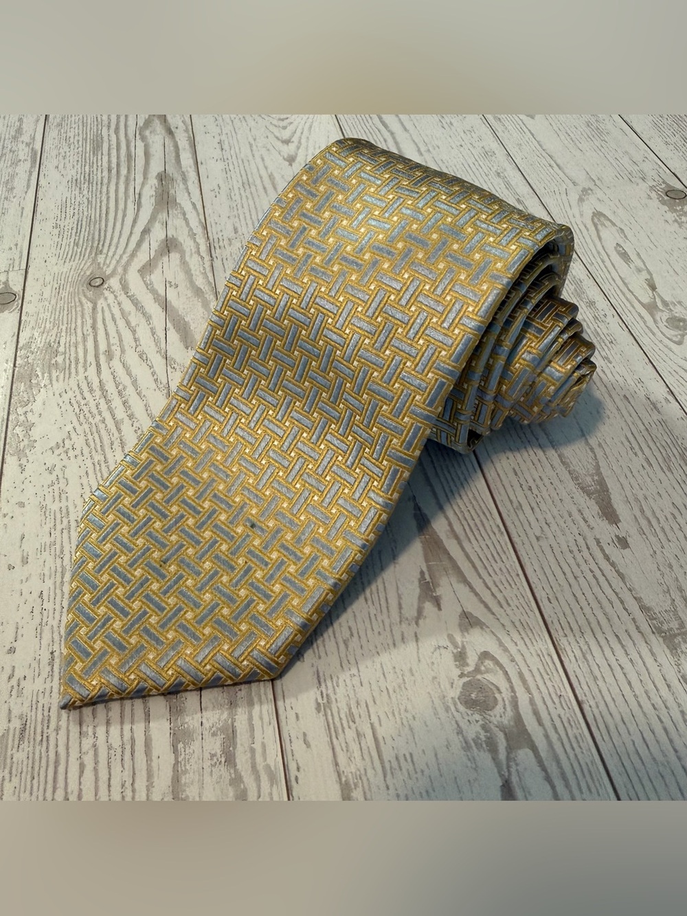 Pronto Uomo Platinum, Silk, Geometric Tie, Yellow Blue Necktie